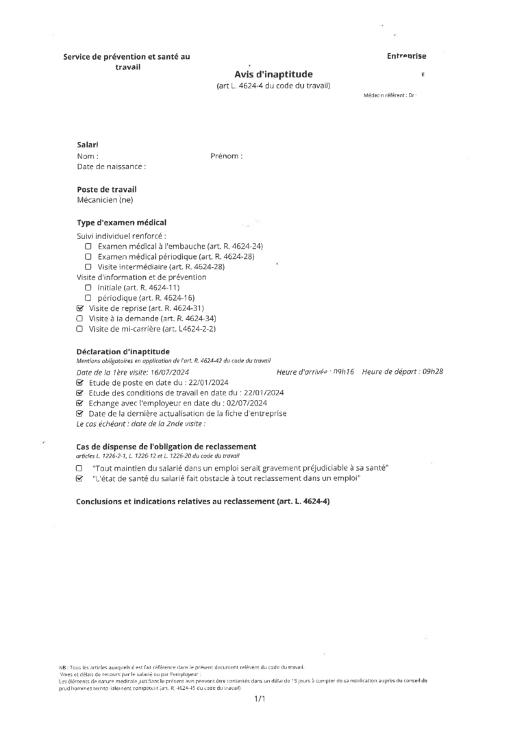 Avis d'inaptitude